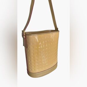 Arcadia Yellow Tan Patent Leather Shoulder Bag with Pink Trim